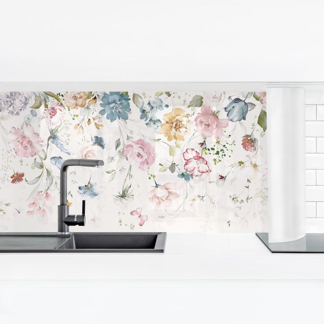 Kitchen wall cladding - Tendril Flowers with Butterflies Watercolour