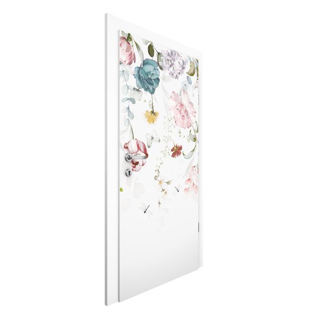 Door wallpaper - Tendril Flowers with Butterflies Watercolour