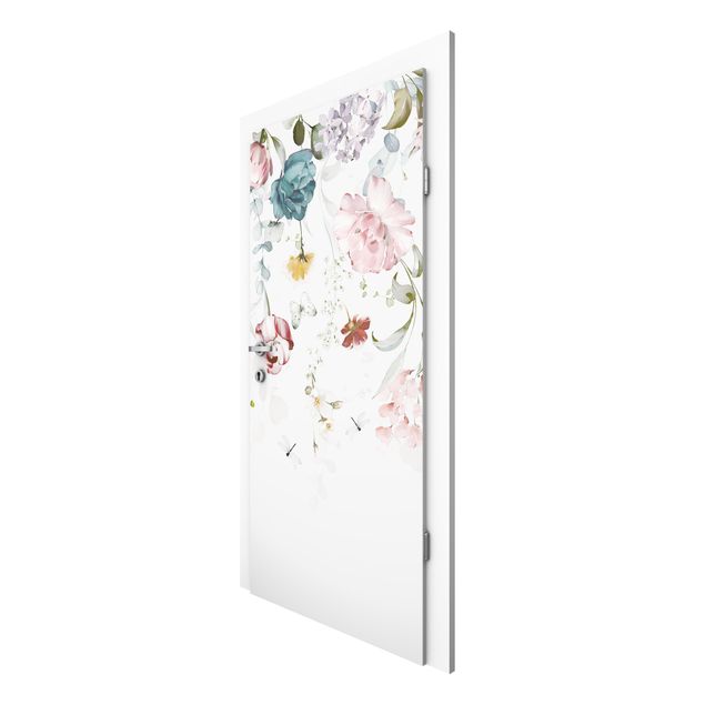 Door wallpaper - Tendril Flowers with Butterflies Watercolour