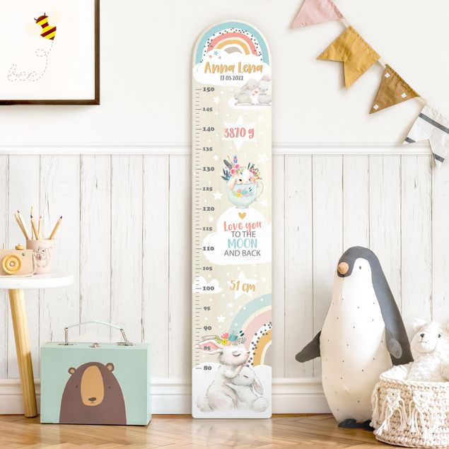  Wooden height chart Rainbow rabbits to the moon with custom name