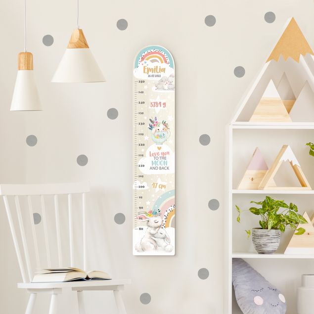 Wooden height chart for kids - Rainbow rabbits to the moon with custom name