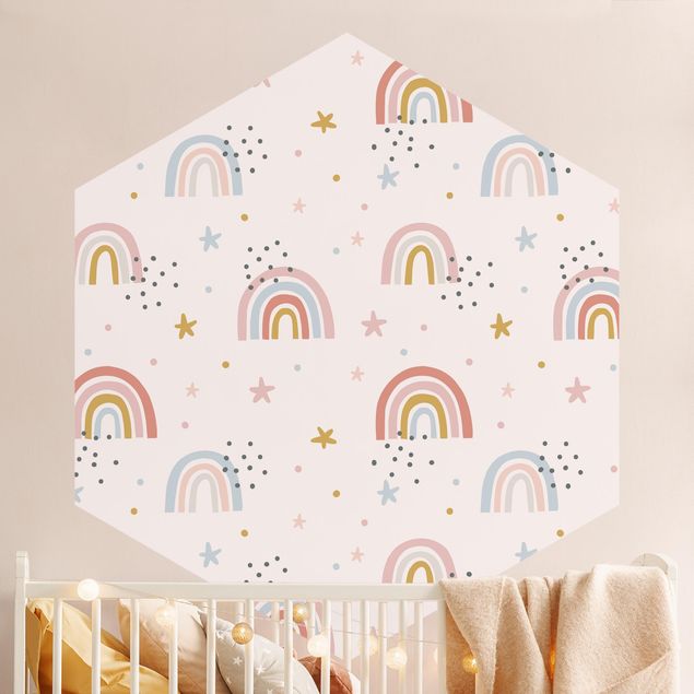 Hexagonal wallpapers Rainbow World With Stars And Dots