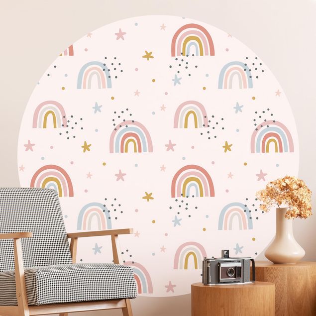 Self-adhesive round wallpaper - Rainbow World With Stars And Dots