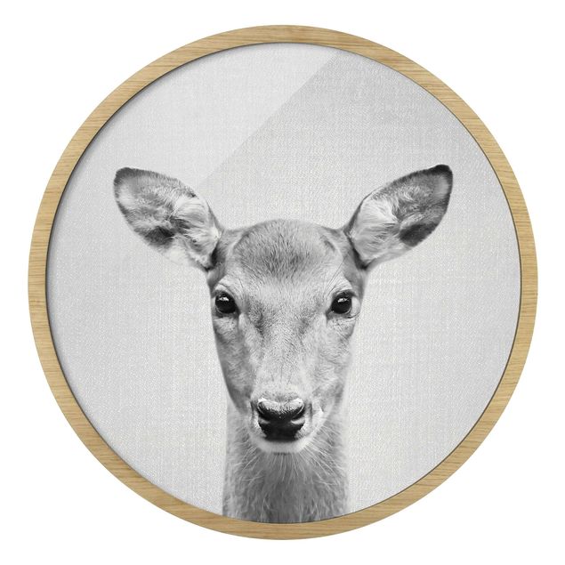 Circular framed print - Roe Deer Rita Black And White