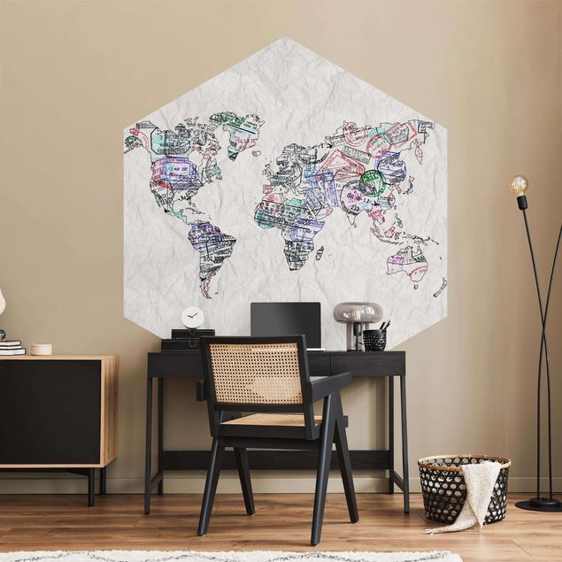Self-adhesive hexagonal pattern wallpaper - Passport Stamp World Map