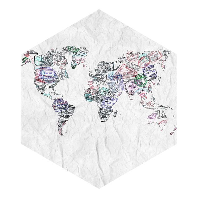 Self-adhesive hexagonal pattern wallpaper - Passport Stamp World Map