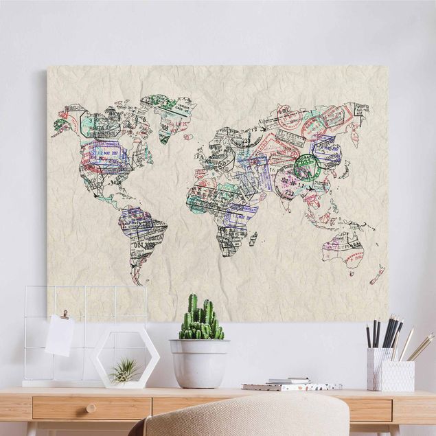 Natural canvas print - Passport Stamp World Map - Landscape format 4:3