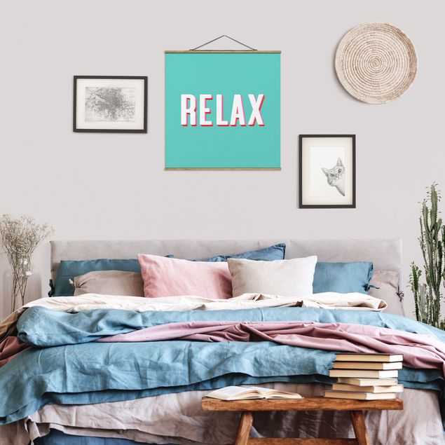 Fabric print with poster hangers - Relax Typo On Blue - Square 1:1