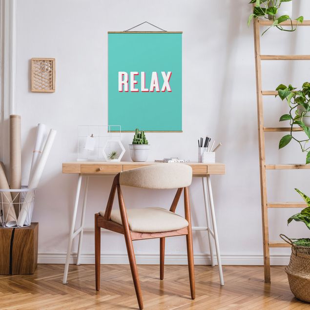 Fabric print with poster hangers - Relax Typo On Blue - Portrait format 3:4