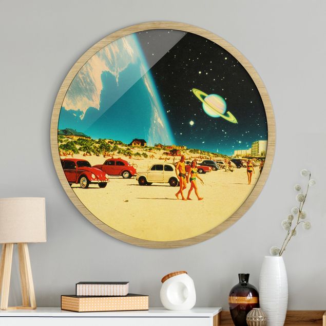 Framed prints round Retro Collage - Galaktischer Strand