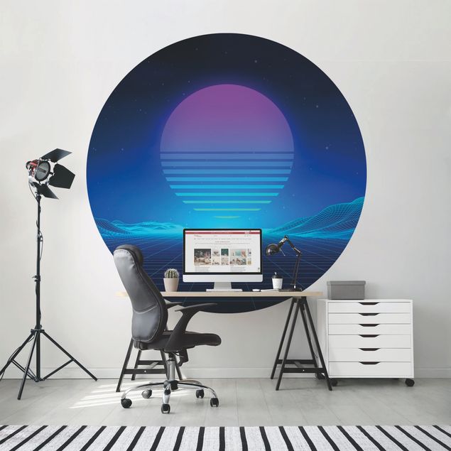 Self-adhesive round wallpaper - Retro video In Blue