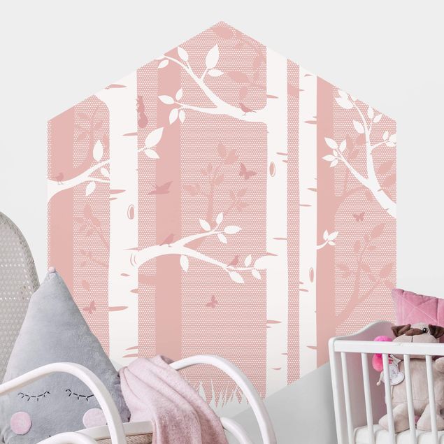 Hexagonal wallpapers Pink Birch Forest With Butterflies And Birds