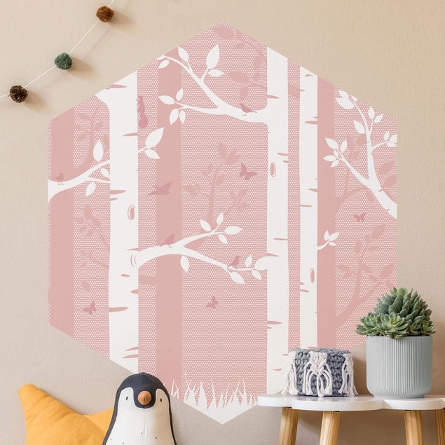 Wallpapers Pink Birch Forest With Butterflies And Birds