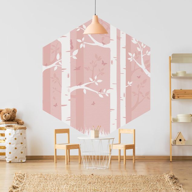 Self-adhesive hexagonal pattern wallpaper - Pink Birch Forest With Butterflies And Birds