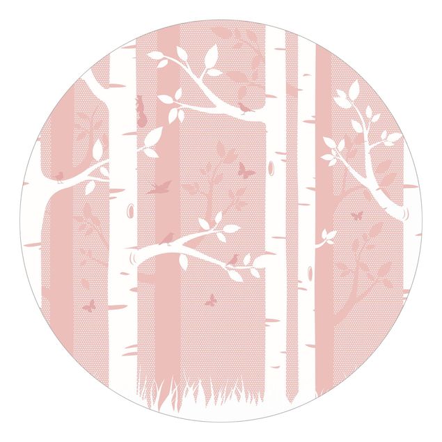 Self-adhesive round wallpaper kids - Pink Birch Forest With Butterflies And Birds
