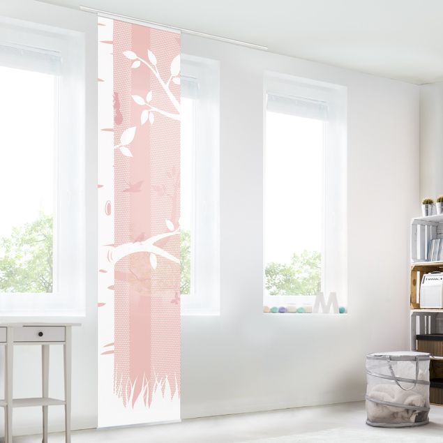 Sliding panel curtains set - Pink Birch Forest With Butterflies And Birds