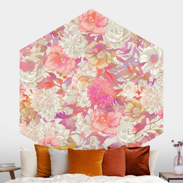 Self-adhesive hexagonal wall mural Pink Blossom Dream With Roses