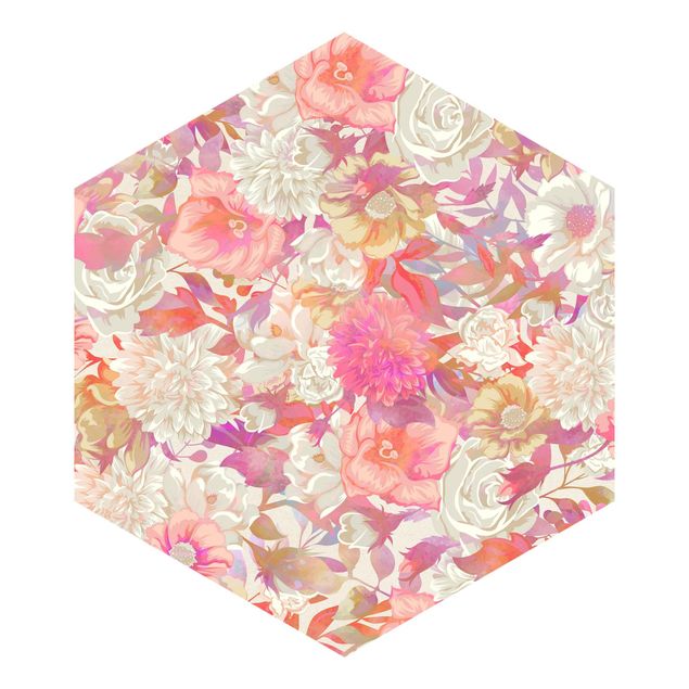 Self-adhesive hexagonal pattern wallpaper - Pink Blossom Dream With Roses