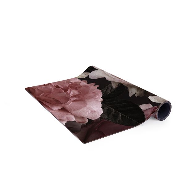rug under dining table Pink Flowers On Black Vintage