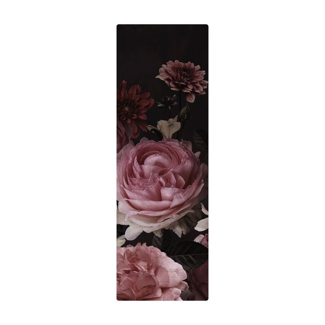 Cork mat - Pink Flowers On Black Vintage - Portrait format 1:3