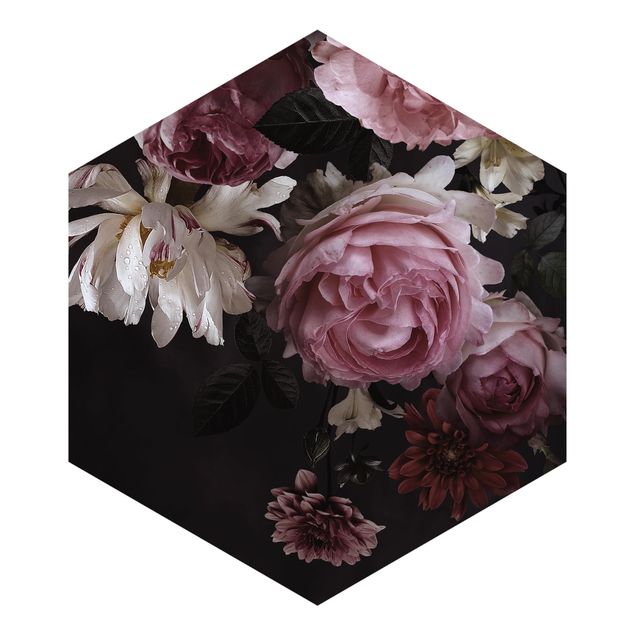 Self-adhesive hexagonal pattern wallpaper - Pink Flowers On Black Vintage