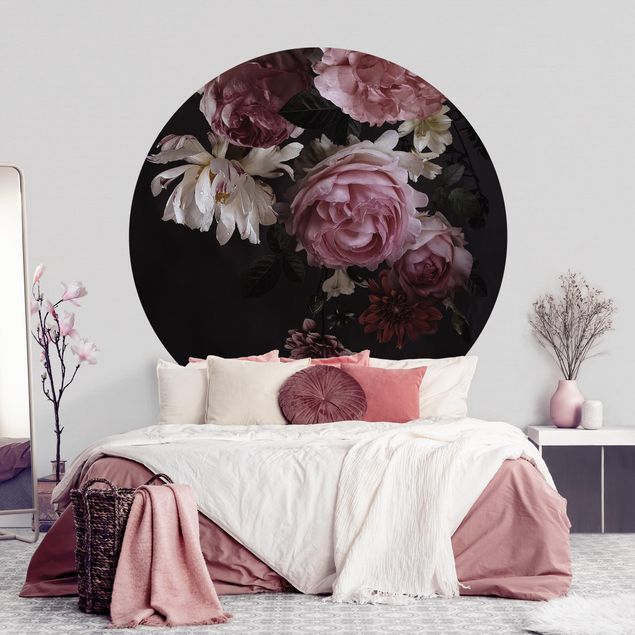 Self-adhesive round wallpaper - Pink Flowers On Black Vintage