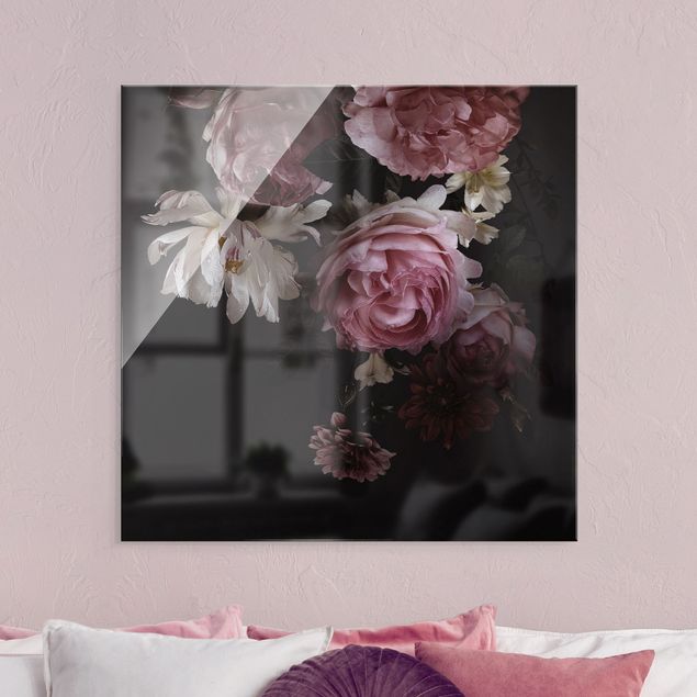Glass print - Pink Flowers On Black