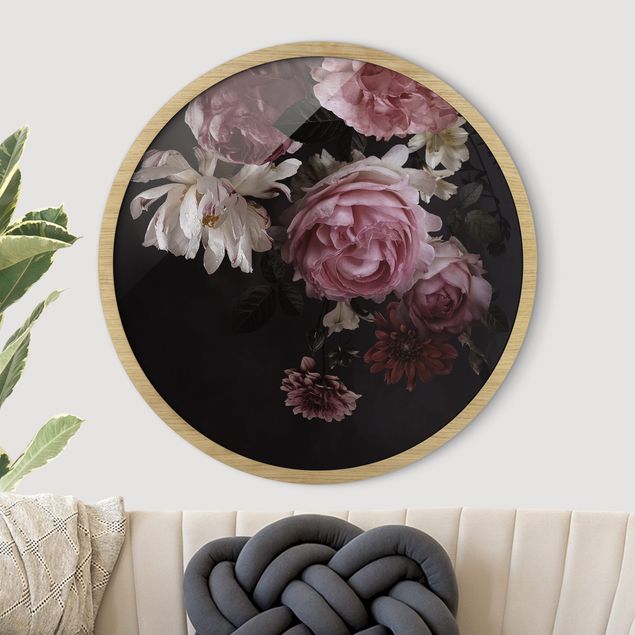 Framed prints round Pink Flowers On Black Vintage