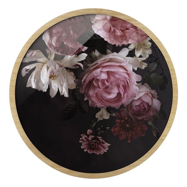 Circular framed print - Pink Flowers On Black Vintage