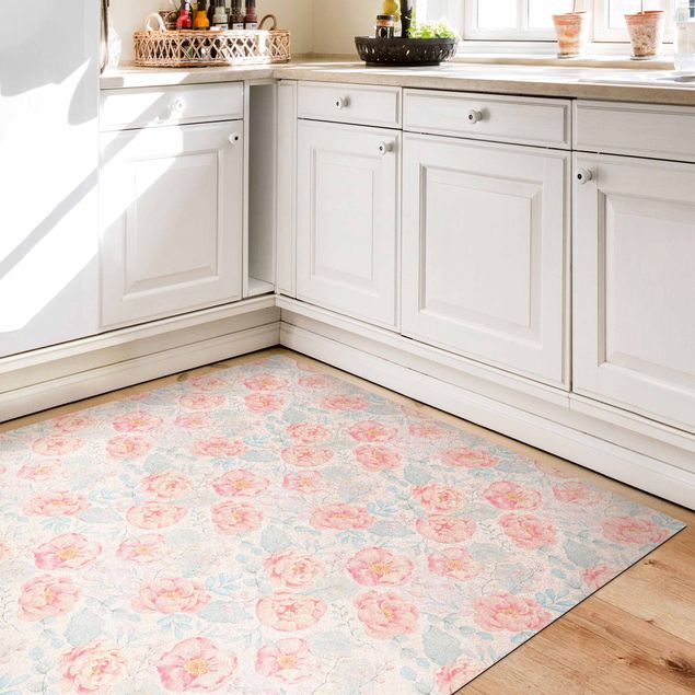 Pastel rugs Pink Flowers With Light Blue Leaves