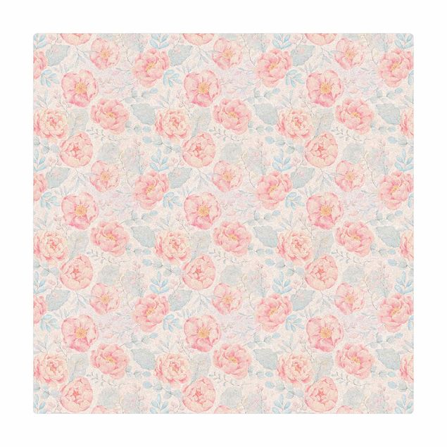 Cork mat - Pink Flowers With Light Blue Leaves - Square 1:1