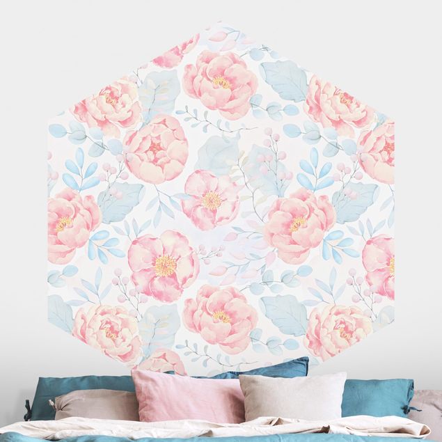 Self-adhesive hexagonal wall mural Pink Flowers With Light Blue Leaves