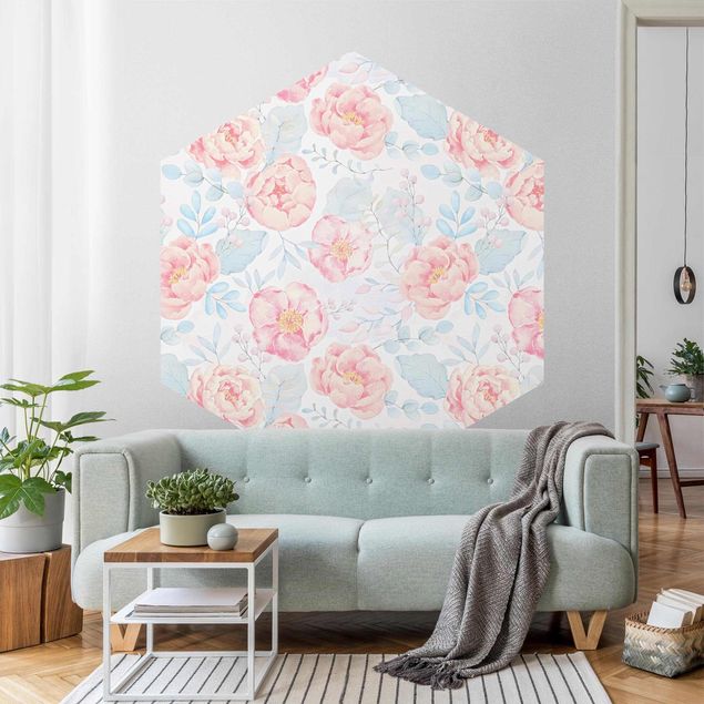 Self-adhesive hexagonal pattern wallpaper - Pink Flowers With Light Blue Leaves