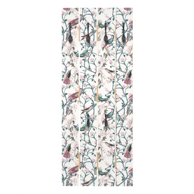 Wooden coat rack - Light Pink Morning Glories With Birds In Blue
