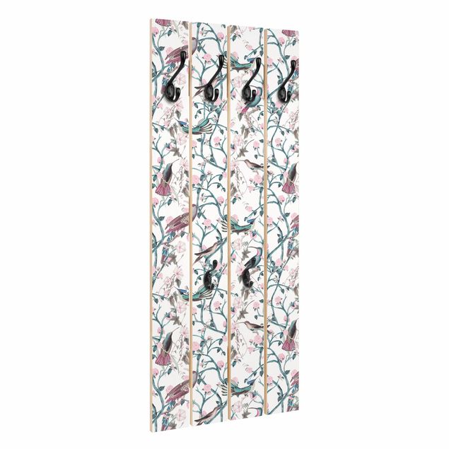 Wooden coat rack - Light Pink Morning Glories With Birds In Blue