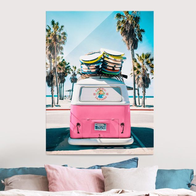 Glas Magnetboard Pink VW Bus With Surfboards
