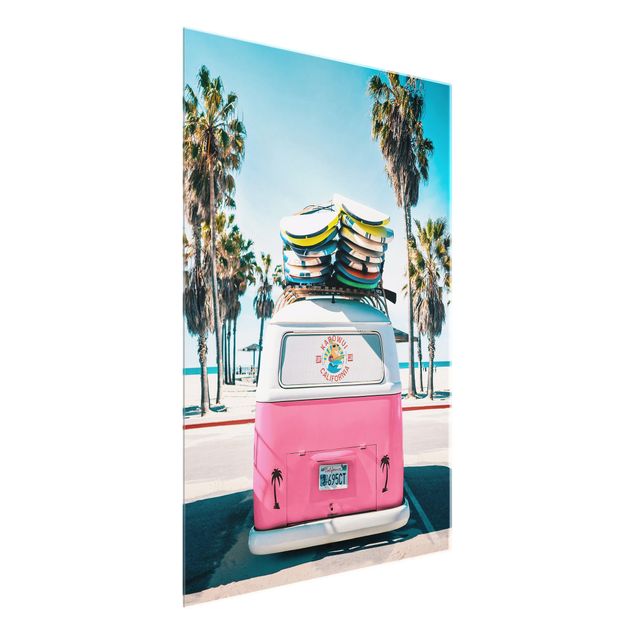 Glass print - Pink VW Bus With Surfboards