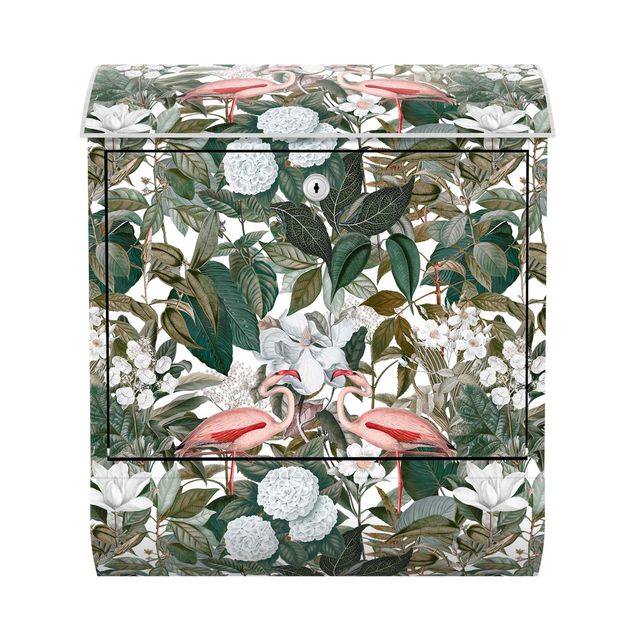 Letterbox - Pink Flamingos With Leaves And White Flowers