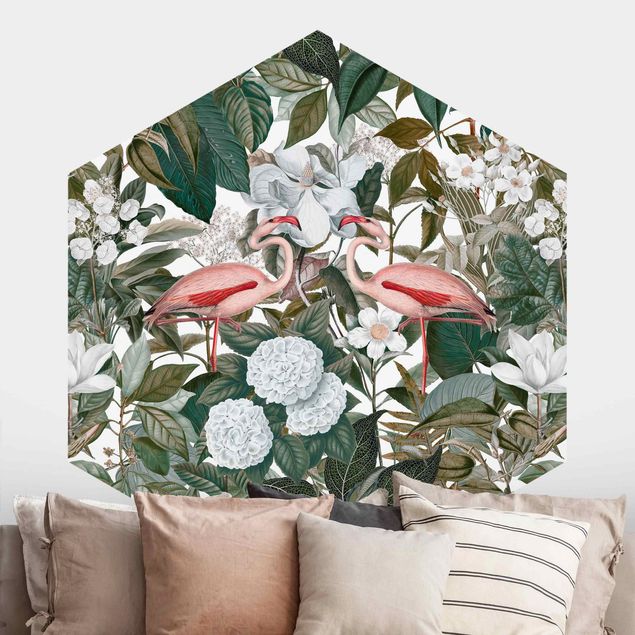 Self-adhesive hexagonal wall mural Pink Flamingos With Leaves And White Flowers
