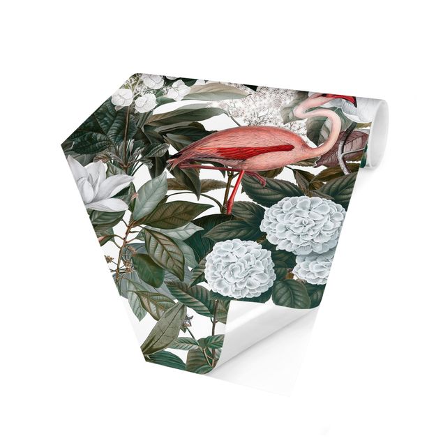Self-adhesive hexagonal pattern wallpaper - Pink Flamingos With Leaves And White Flowers