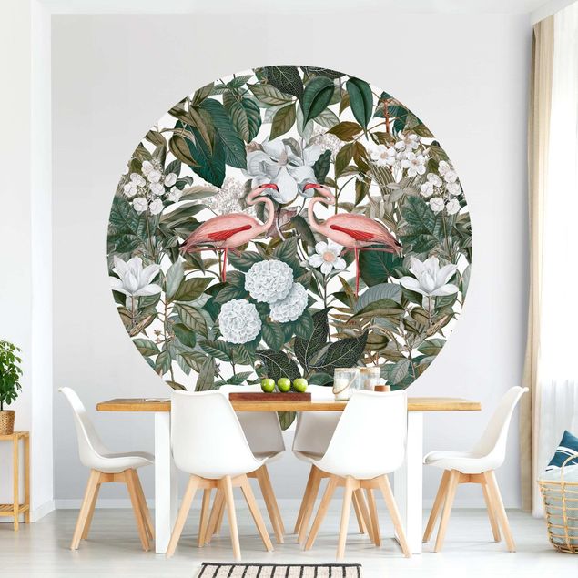 Self-adhesive round wallpaper - Pink Flamingos With Leaves And White Flowers