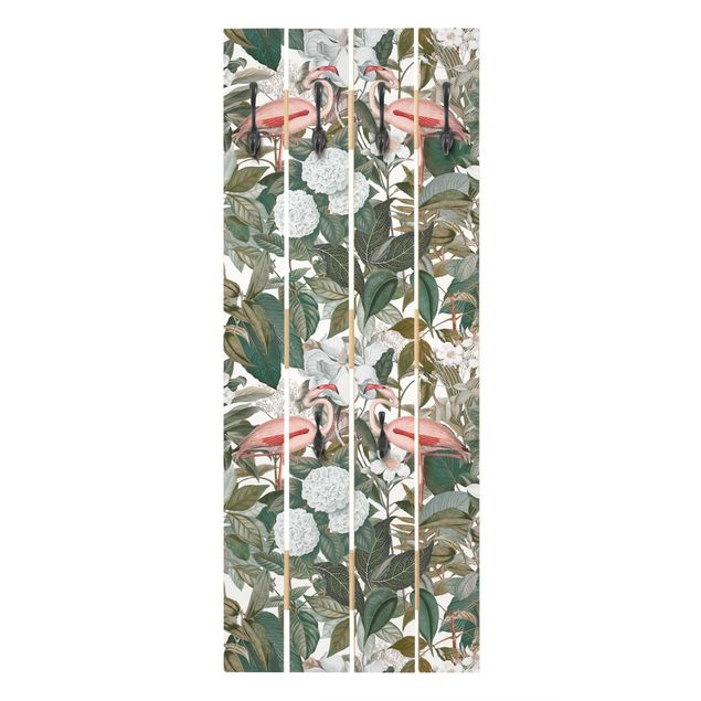 Wooden coat rack - Pink Flamingos With Leaves And White Flowers