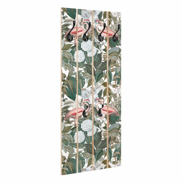 Wooden coat rack - Pink Flamingos With Leaves And White Flowers