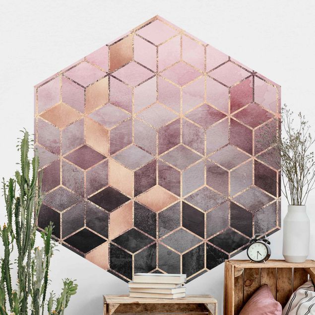 Hexagonal wallpapers Pink Gray Golden Geometry
