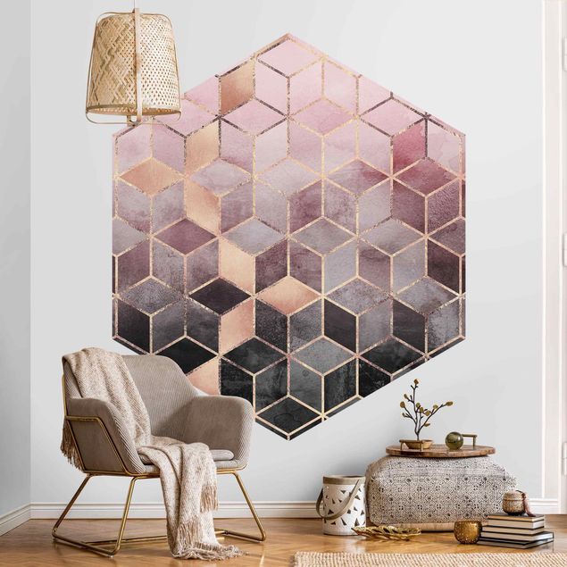 Self-adhesive hexagonal pattern wallpaper - Pink Gray Golden Geometry