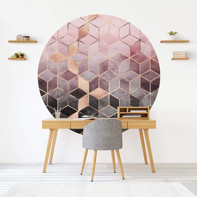Self-adhesive round wallpaper - Pink Grey Golden Geometry