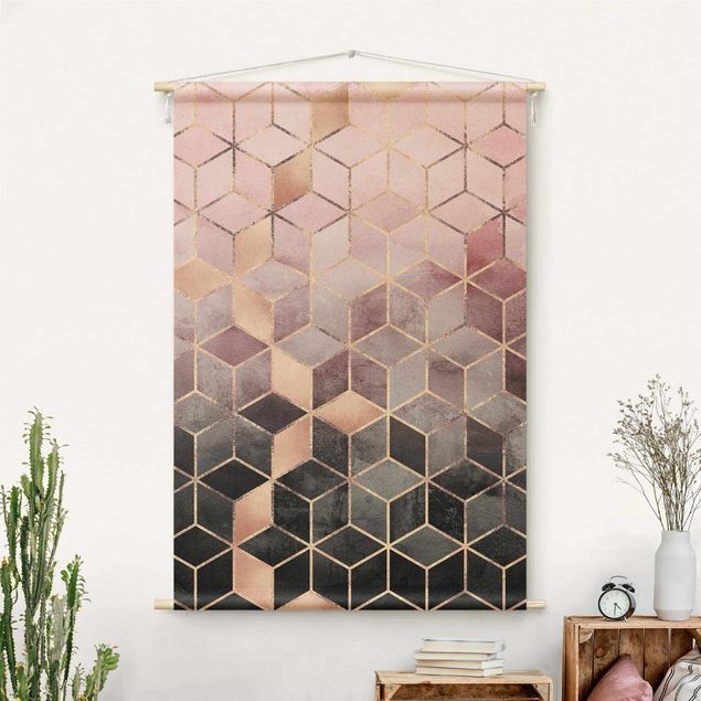 modern wall tapestry Pink Gray Golden Geometry