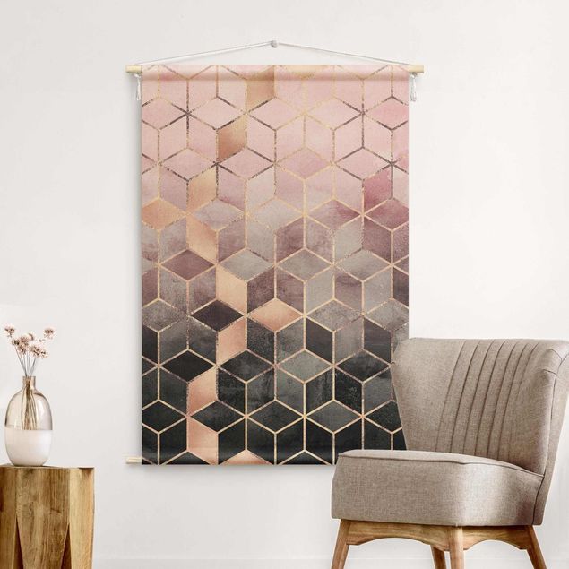 wall tapestry art Pink Gray Golden Geometry