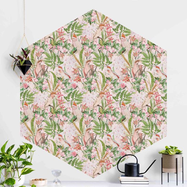 Hexagonal wall mural Pink Cockatoos With Flowers