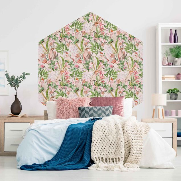 Self-adhesive hexagonal pattern wallpaper - Pink Cockatoos With Flowers
